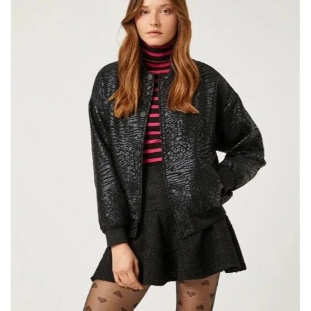 Koton Rachel Araz Jacquard Bomber Jacket Sz L Zip Black Goth Punk Mobwife Turkey